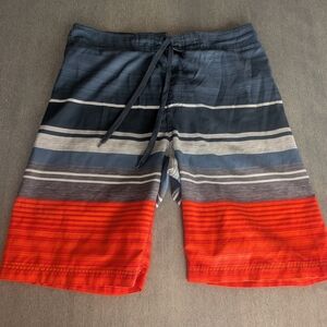 Medium Men's Striped Swim Board Shorts - Navy Gray Orange